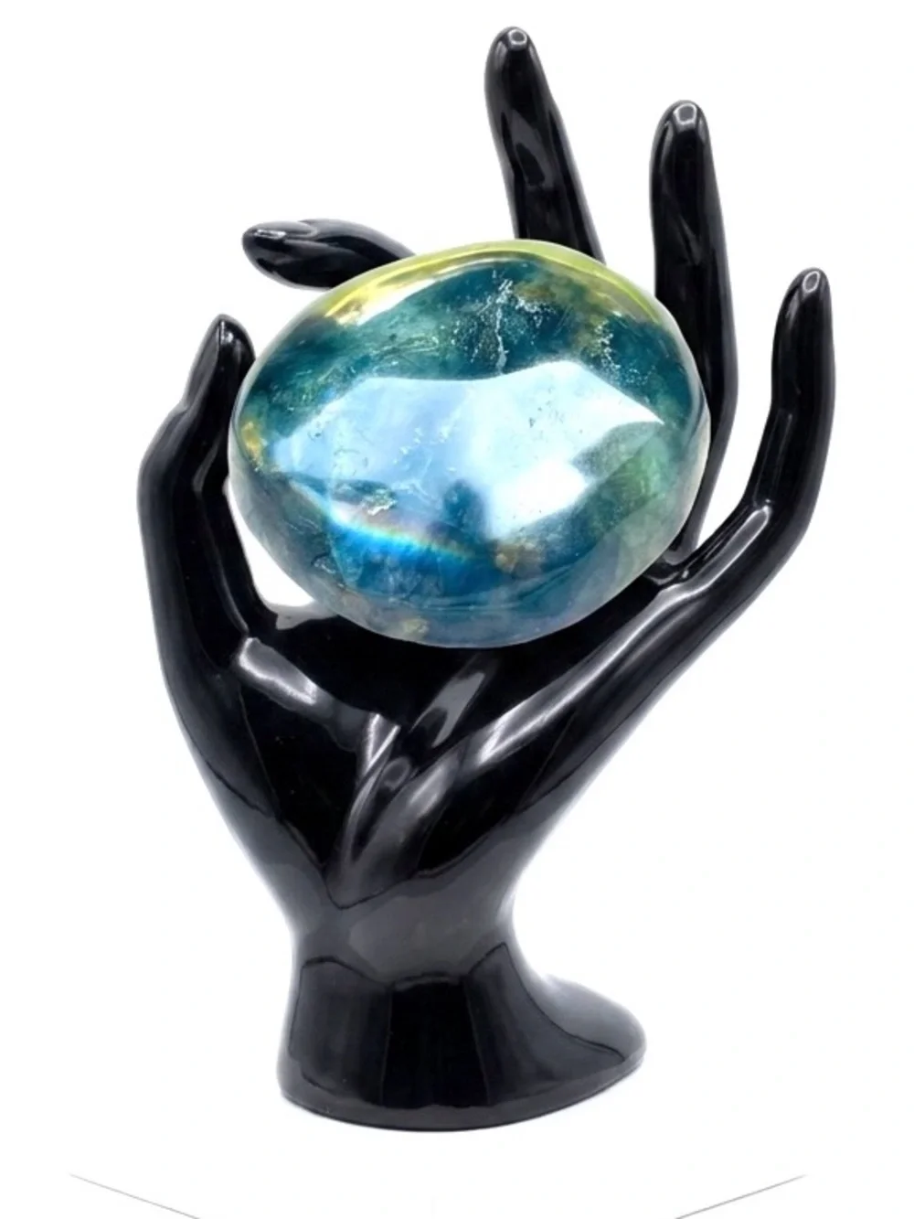 New Handmade Natural Labradorite Blue Green Crystal Oblong Carved Palm Stone